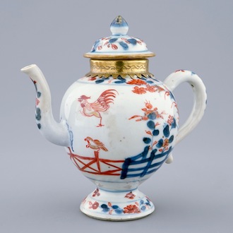 A Chinese Imari teapot and cover on foot with roosters, Kangxi
