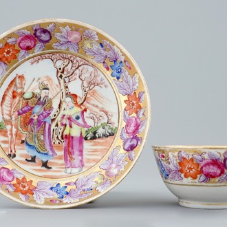 A fine gilt-ground Chinese famille rose mandarin cup and saucer, Qianlong, 18th C.