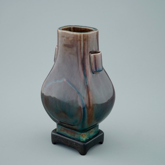 A Chinese monochrome aubergine fanghu shape vase, 19th C.