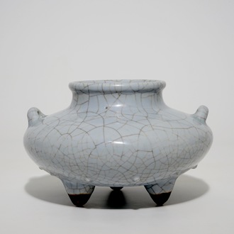 A Chinese crackle glazed tripod censer of fish basket form, Qianlong sealmark and poss. of the period