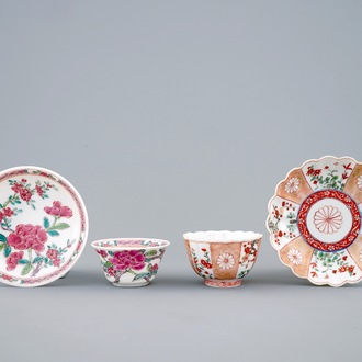 Two Chinese verte-Imari and famille rose cups and saucers, Kangxi/Yongzheng