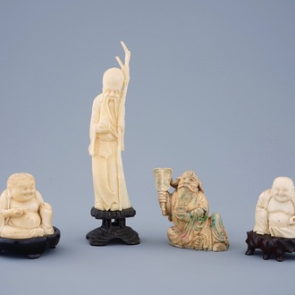 A group of 4 Chinese ivory carvings incl. figures of Buddha, late 19th to early 20th C.