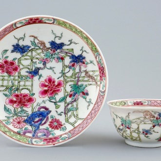 Een Chinese famille rose eierschaal kop en schotel met eekhoorns, Yongzheng, 1723-1735