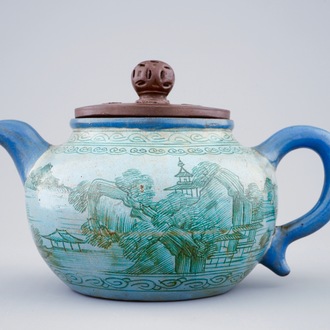 A Chinese enamelled Yixing teapot and cover, 19th C.