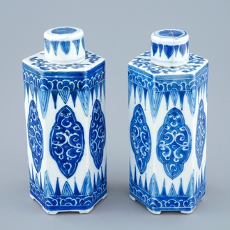 A pair of Chinese blue and white hexagonal tea caddies and covers, Kangxi