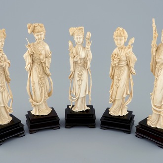 A set of five Chinese carved ivory beauties on wooden stands, 19th C.