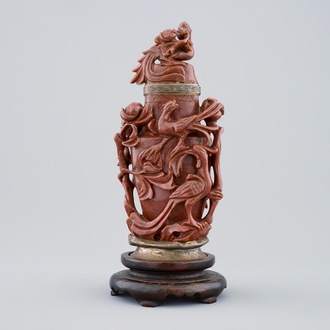 A Chinese carved goldstone vase and cover with bronze mount by Maquet, Paris, 19/20th C.