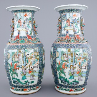 A pair of Chinese famille verte vases with court and garden scenes, 19th C.