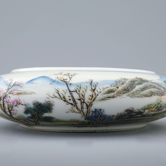 A Chinese famille rose brush washer with a fine landscape, Republic, 20th C.