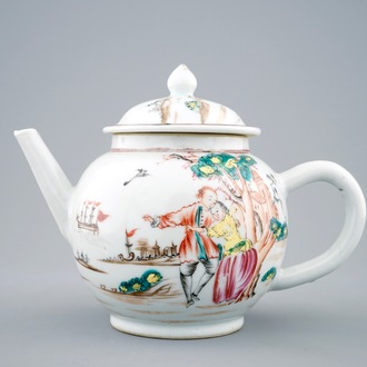 Une théière et son couvercle en porcelaine de Chine famille rose à décor européen, Qianlong, 18ème