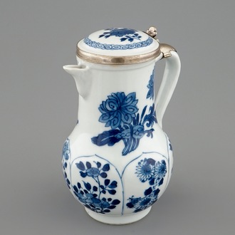 A Chinese blue and white silver-mounted jug and cover, Kangxi