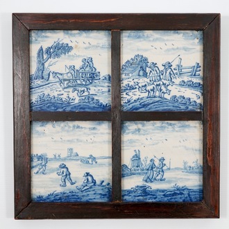 Een set van vier fraaie blauw-witte "Openlucht" tegels, 18e eeuw