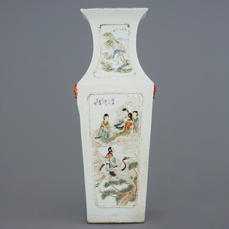 A rectangular Chinese qianjiang cai vase with immortals and landscapes, 19/20th C.