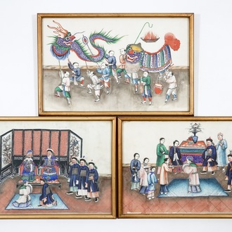 Drie fijne Chinese schilderingen op rijstpapier, Canton, 19e eeuw