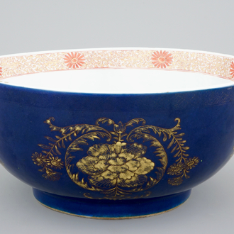 A large Chinese blue ground bowl with gilt decorations, 18th C.