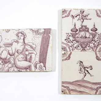Twee Rotterdamse magito-tegels en een pilastertegel met Bacchus, 18e eeuw
