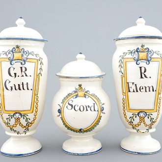 Three polychrome pharmacy jars with covers, Haguenau, France, 18th C.