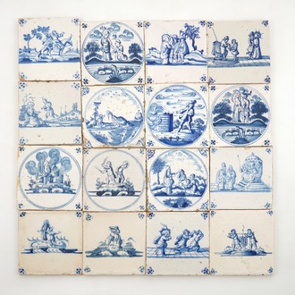 Een lot van 16 blauw-witte bijbeltegels, 17/18e eeuw