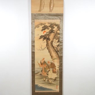 Une grande peinture japonaise sur rouleau dans sa boîte, 19/20ème