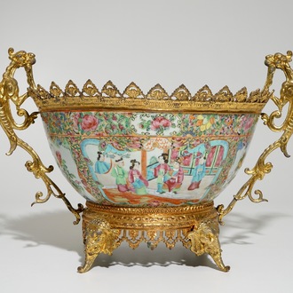 A Chinese gilt-bronze mounted Canton rose medallion bowl, 19th C.