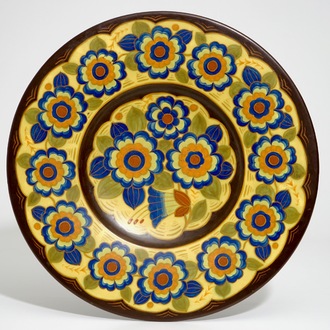 A massive matte glazed floral dish, Charles Catteau for Boch Frères Keramis