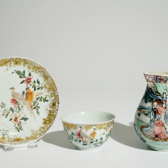 A fine Chinese famille rose milk jug and a cup and saucer, Yongzheng/Qianlong