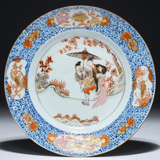 A Chinese rose-Imari plate with a Long Eliza and her servant holding a parasol, Yongzheng