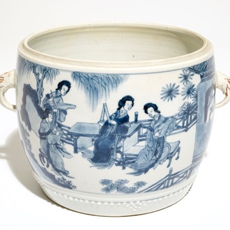 A Chinese blue and white two-handled cylindrical jar, Kangxi