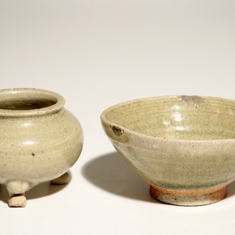 A Chinese celadon-glazed tripod censer and a small bowl, prob. Yuan/Ming