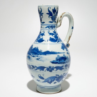 A Chinese blue and white jug with landscape design, Transitional period, Chongzhen