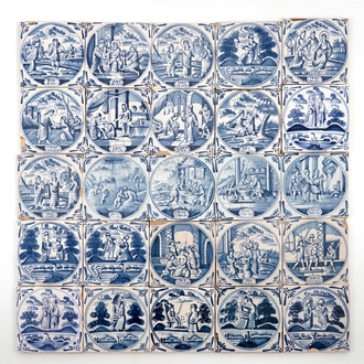 Un lot de 25 carreaux religieux en faïence de Delft bleu et blanc, prob. la Frise, 18ème