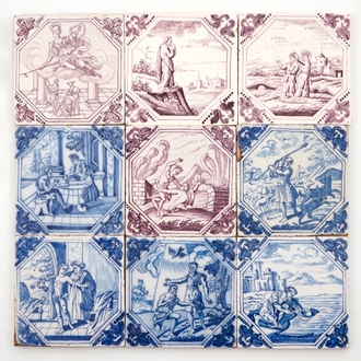 Een lot van negen blauw-witte en mangane bijbelse tegels, 18e eeuw