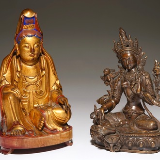 A Chinese bronze figure of Green Tara and a gilt wooden Guanyin, 19th C.