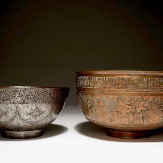 Two Persian engraved tinned copper bowls, prob. Iran, 18th C.