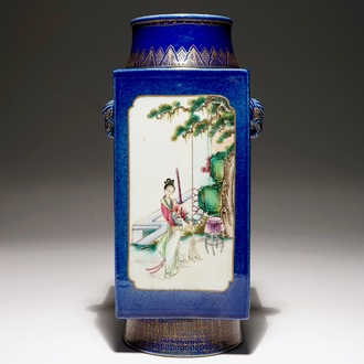 A Chinese famille rose on powder blue ground cong vase, 19th C.