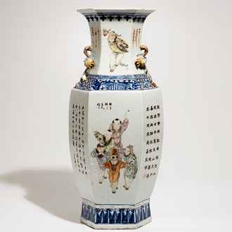 A Chinese hexagonal vase with qianjiang cai design, 19/20th C.