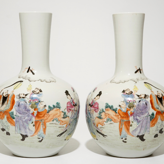 A pair of Chinese famille rose tianqiuping vases with the eight immortals, 20th C.