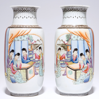 A pair of Chinese famille rose eggshell porcelain vases, Republic, 20th C.