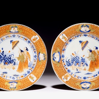 Een paar Chinese Imari borden naar Cornelis Pronk: "De Parasoldames", ca. 1736-1738