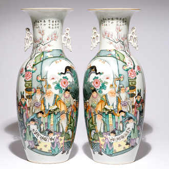 A pair of Chinese famille rose vases with design of figures, 20th C.