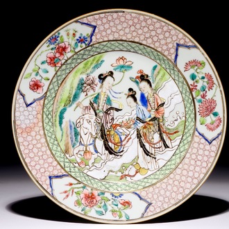 A fine painted Chinese famille rose plate with a lady and a goat, Yongzheng