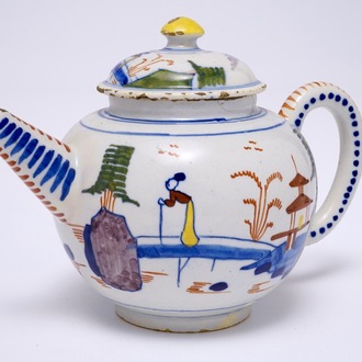 A polychrome Dutch Delft chinoiserie teapot and cover, 18th C.