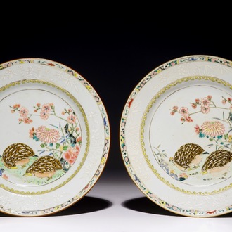 A pair of Chinese famille rose quail plates, Yongzheng