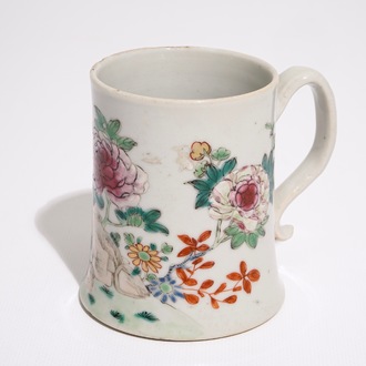 A Chinese famille rose mug with flowers and rockwork, Qianlong