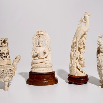 Four Chinese and Indian ivory carvings, incl. an incense burner and a figure of Buddha, late 19th/early 20th C.