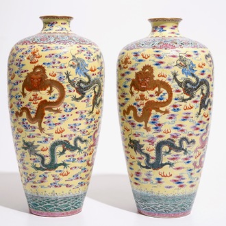 A pair of tall Chinese yellow ground meiping dragon vases, Qianlong mark, 20th C.