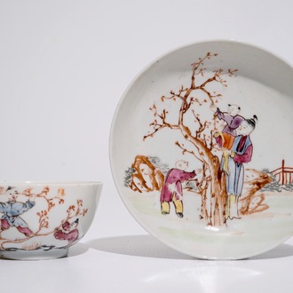 A Chinese famille rose mandarin cup and saucer, Qianlong