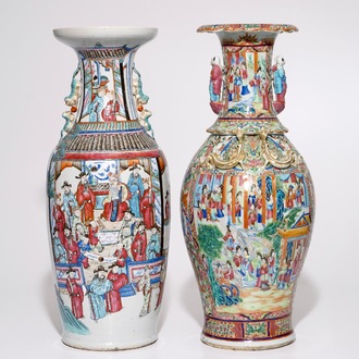 Two tall Chinese famille rose vases, incl. a rare Canton example, 19th C.