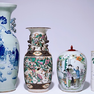 Four various Chinese vases, incl. blue and white on a celdon ground and famille rose, 19/20th C.