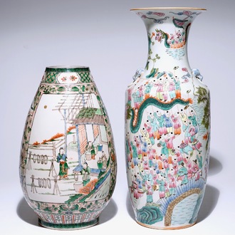 A Chinese famille verte silk production vase and a famille rose "Hundred boys" vase, 19/20th C.